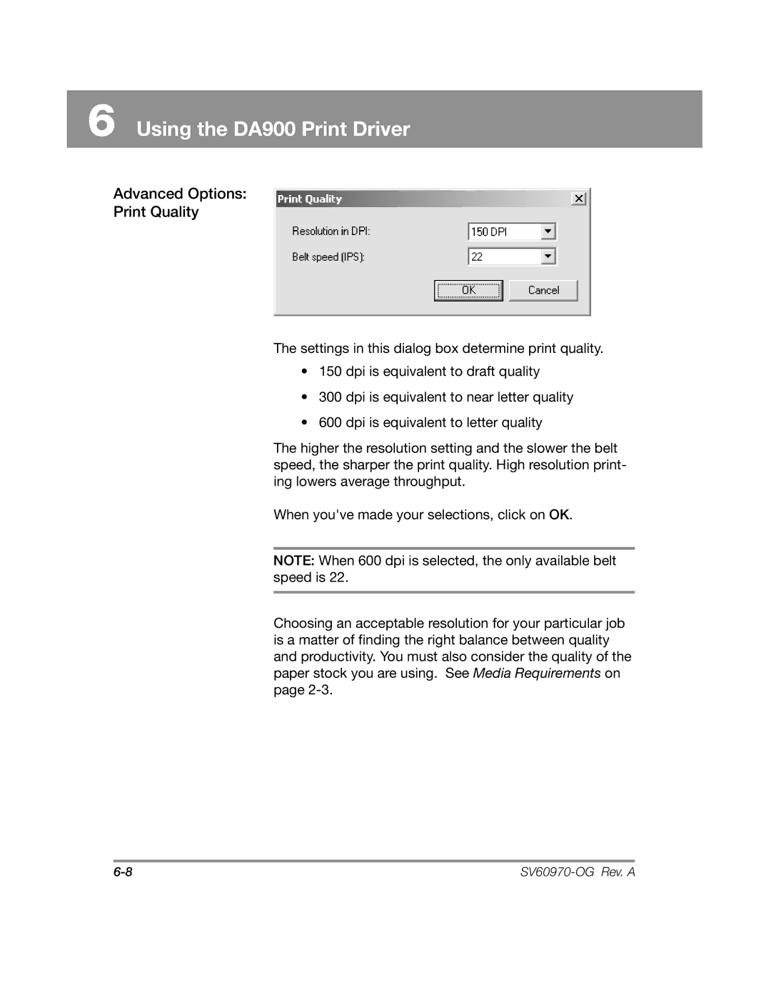 Pitney Bowes DA900 manual Advanced Options Print Quality 