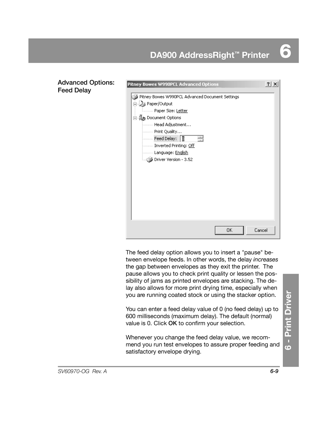 Pitney Bowes DA900 manual Advanced Options Feed Delay 