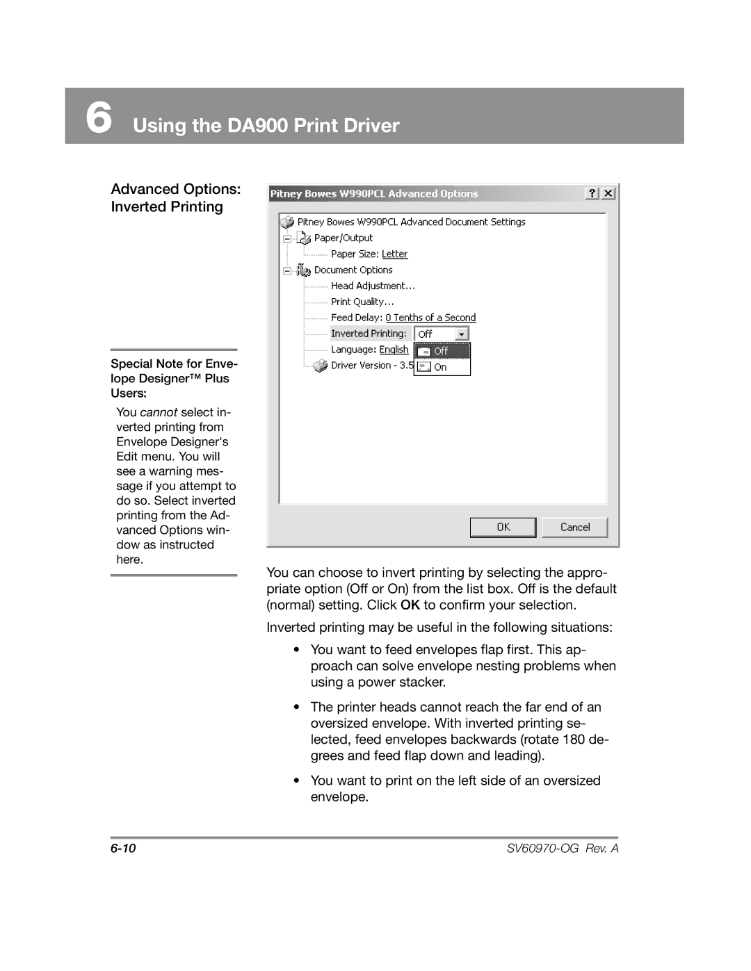 Pitney Bowes DA900 manual Advanced Options Inverted Printing 