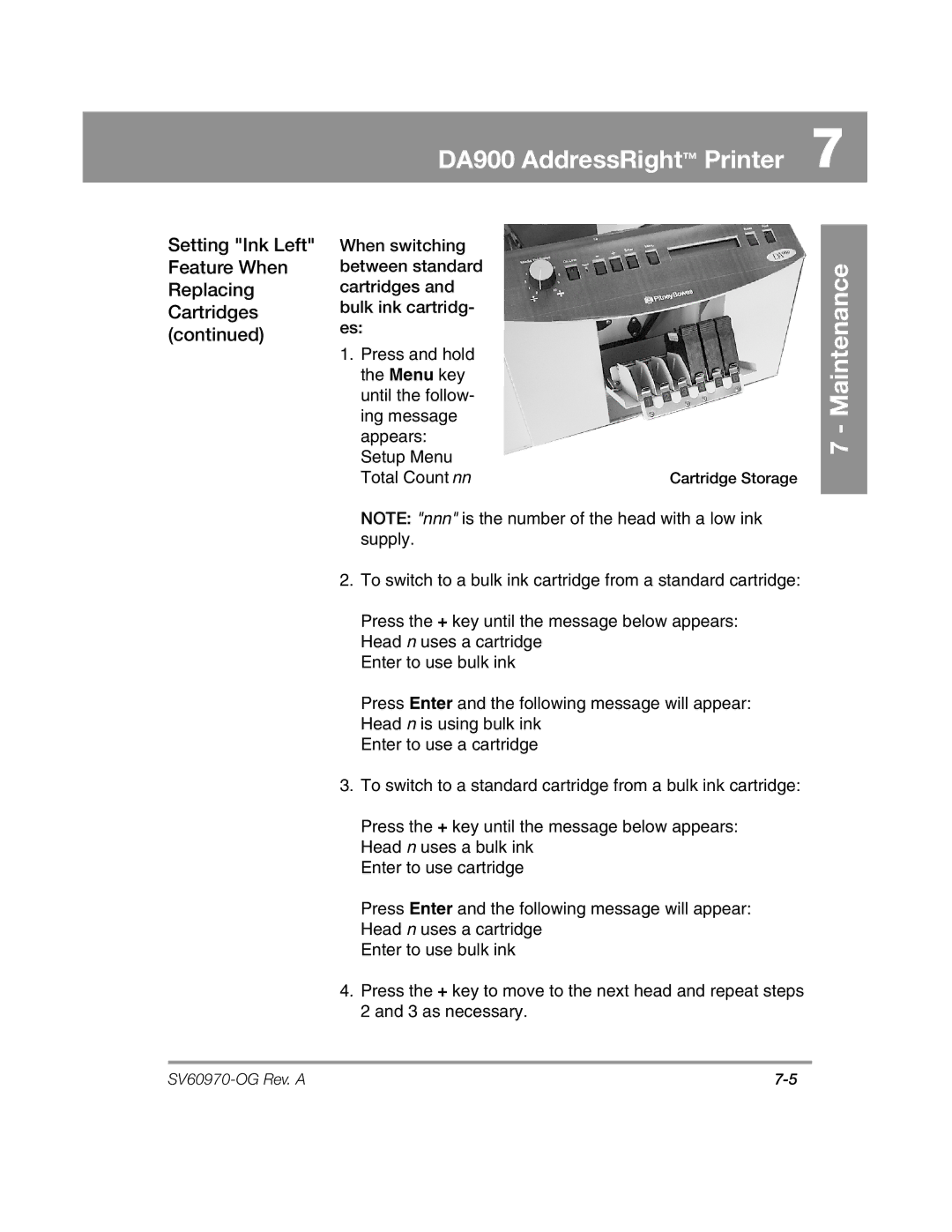 Pitney Bowes DA900 manual Cartridge Storage 