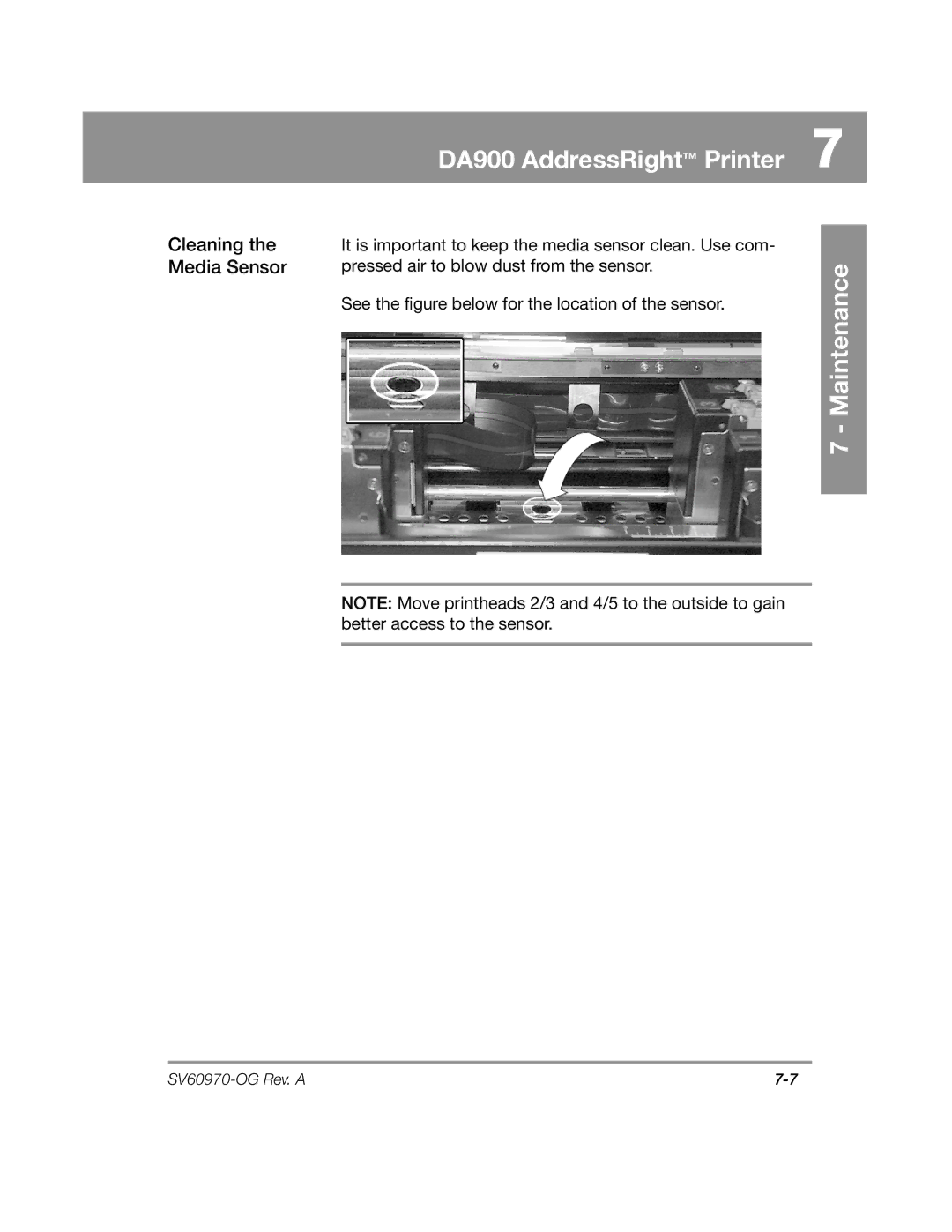 Pitney Bowes DA900 manual Cleaning the Media Sensor 