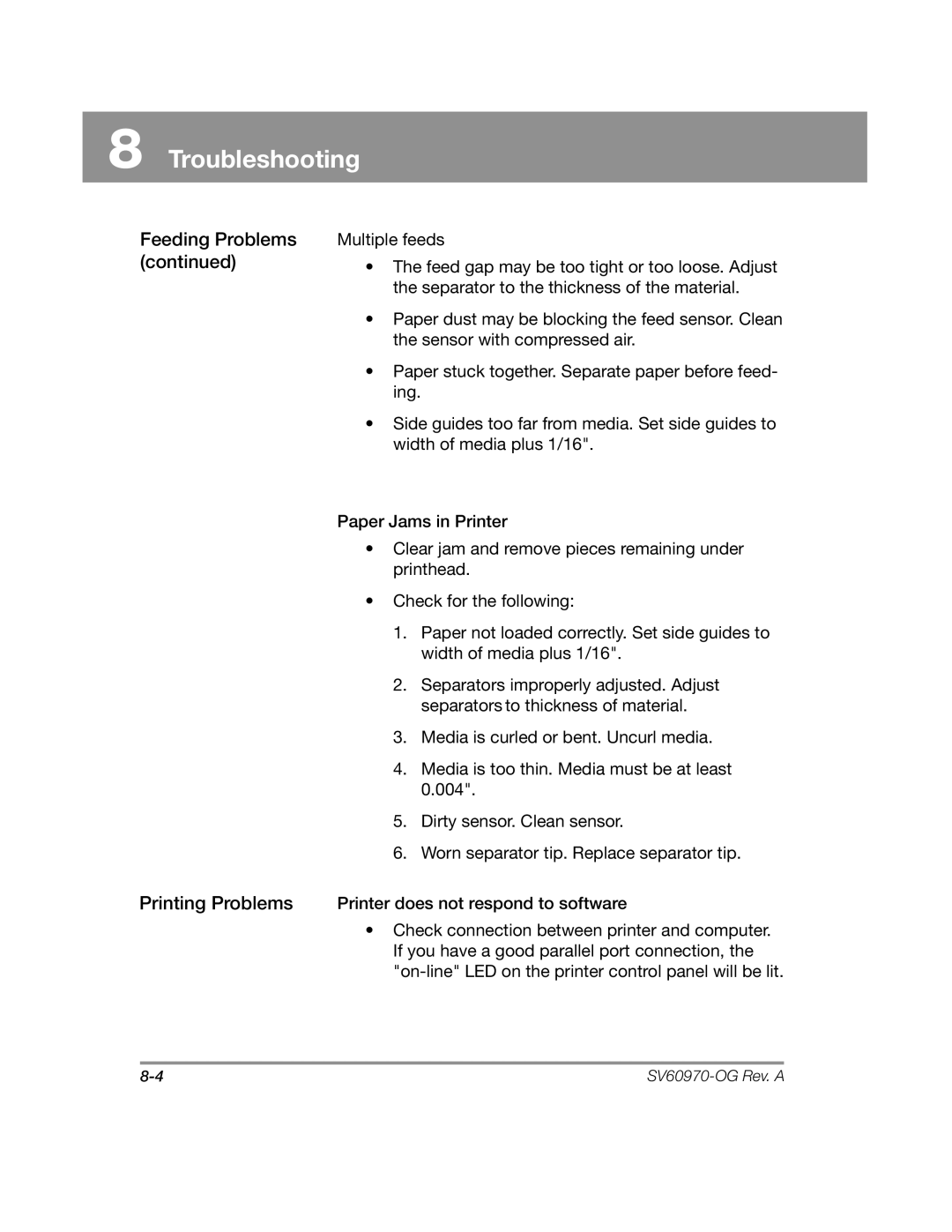 Pitney Bowes DA900 manual Feeding Problems Printing Problems 