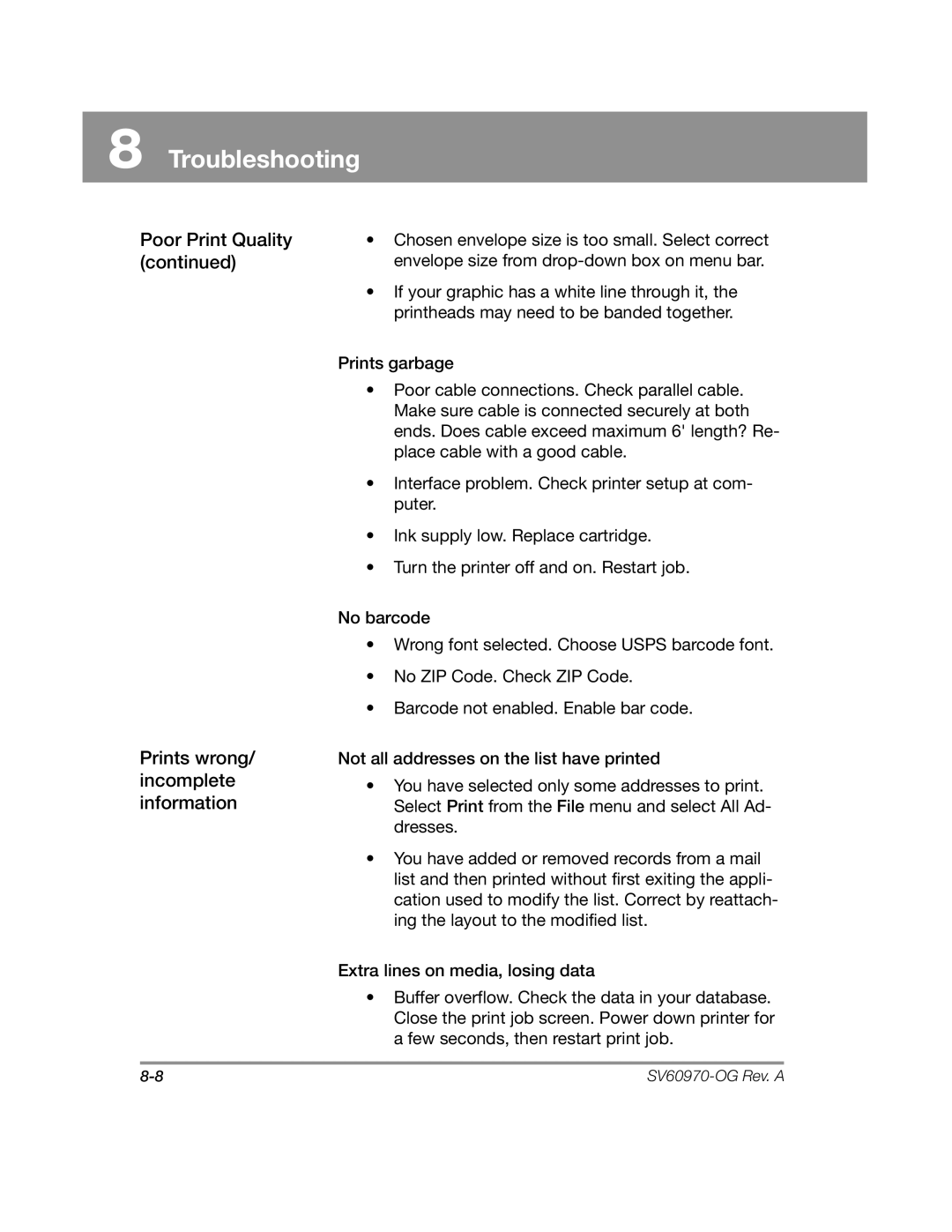 Pitney Bowes DA900 manual Poor Print Quality Prints wrong/ incomplete information 