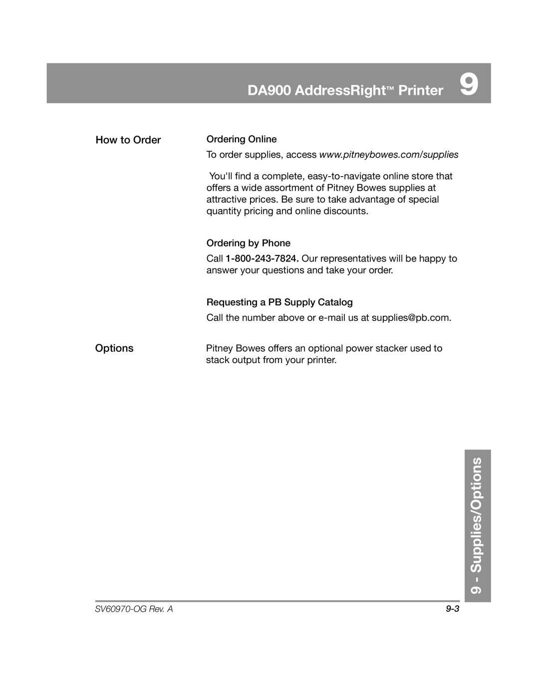 Pitney Bowes DA900 manual Supplies/Options, How to Order Options 