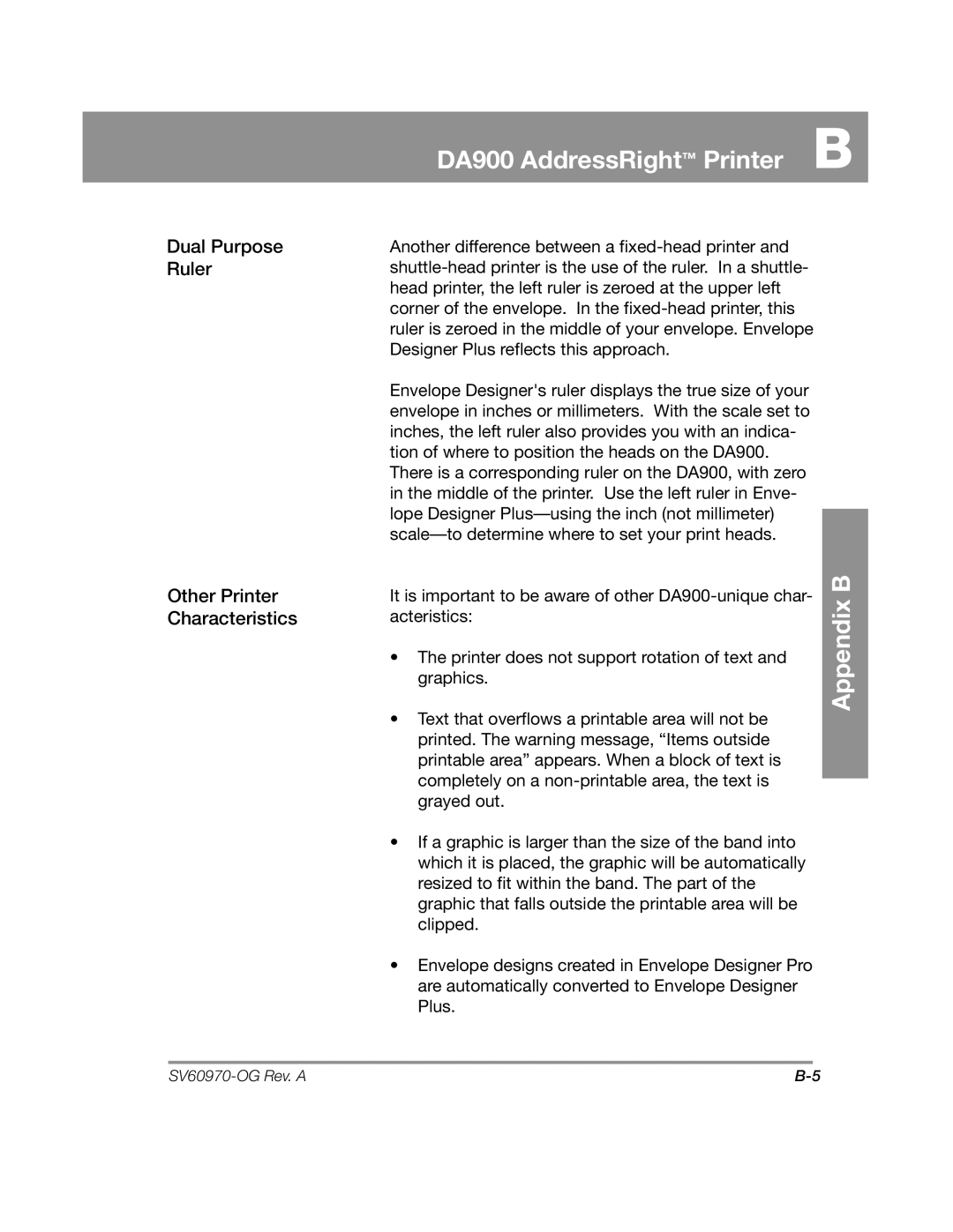 Pitney Bowes manual DA900 AddressRight Printer B, Dual Purpose Ruler Other Printer Characteristics 