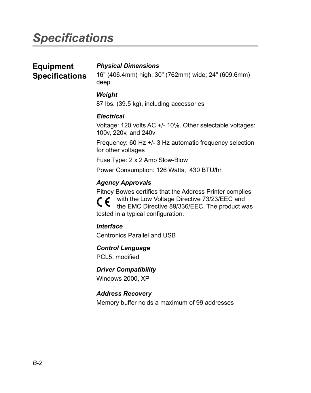 Pitney Bowes DA950 manual Speciﬁcations, Equipment Specifications 