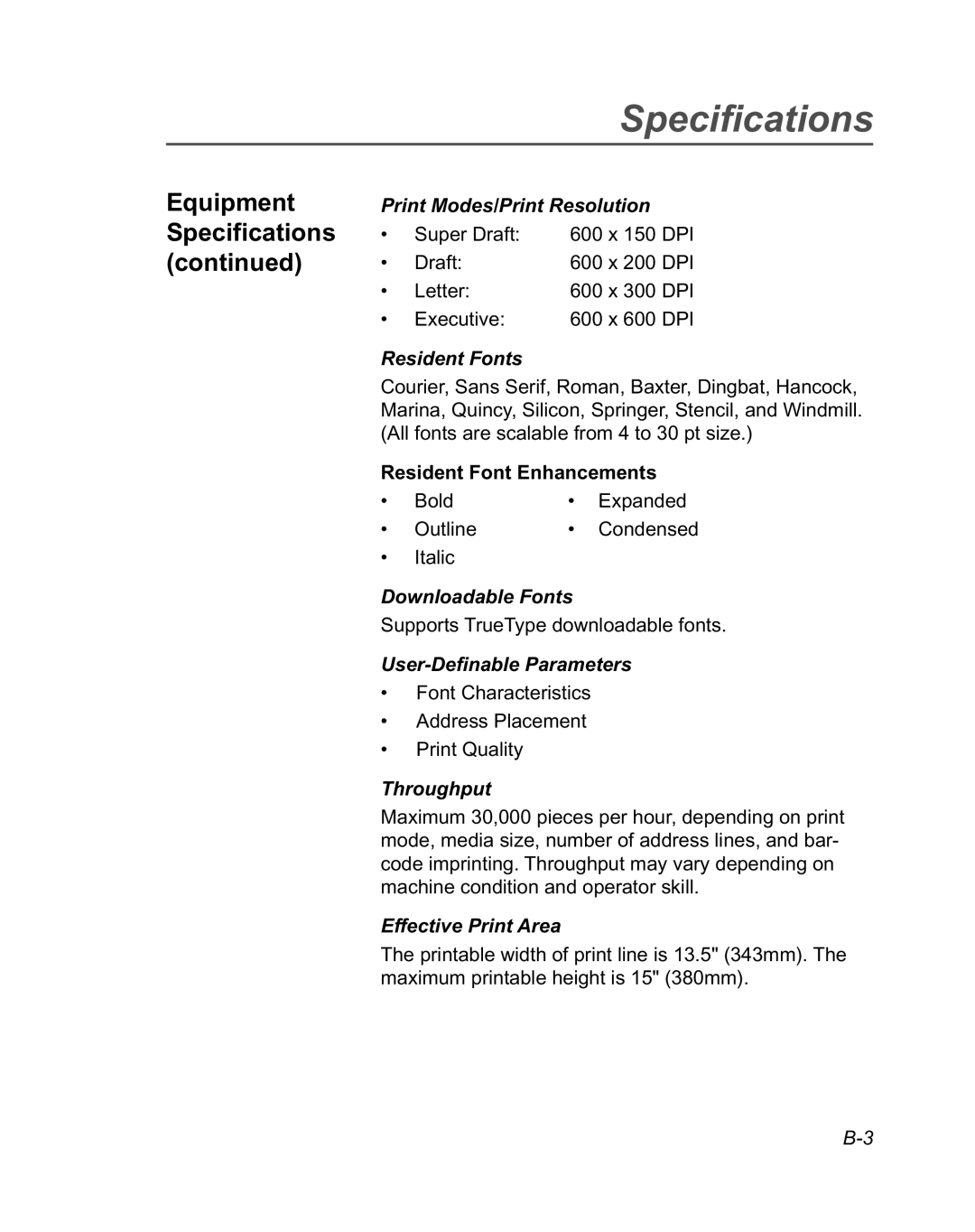 Pitney Bowes DA950 Print Modes/Print Resolution, Resident Fonts, Downloadable Fonts, User-Definable Parameters, Throughput 