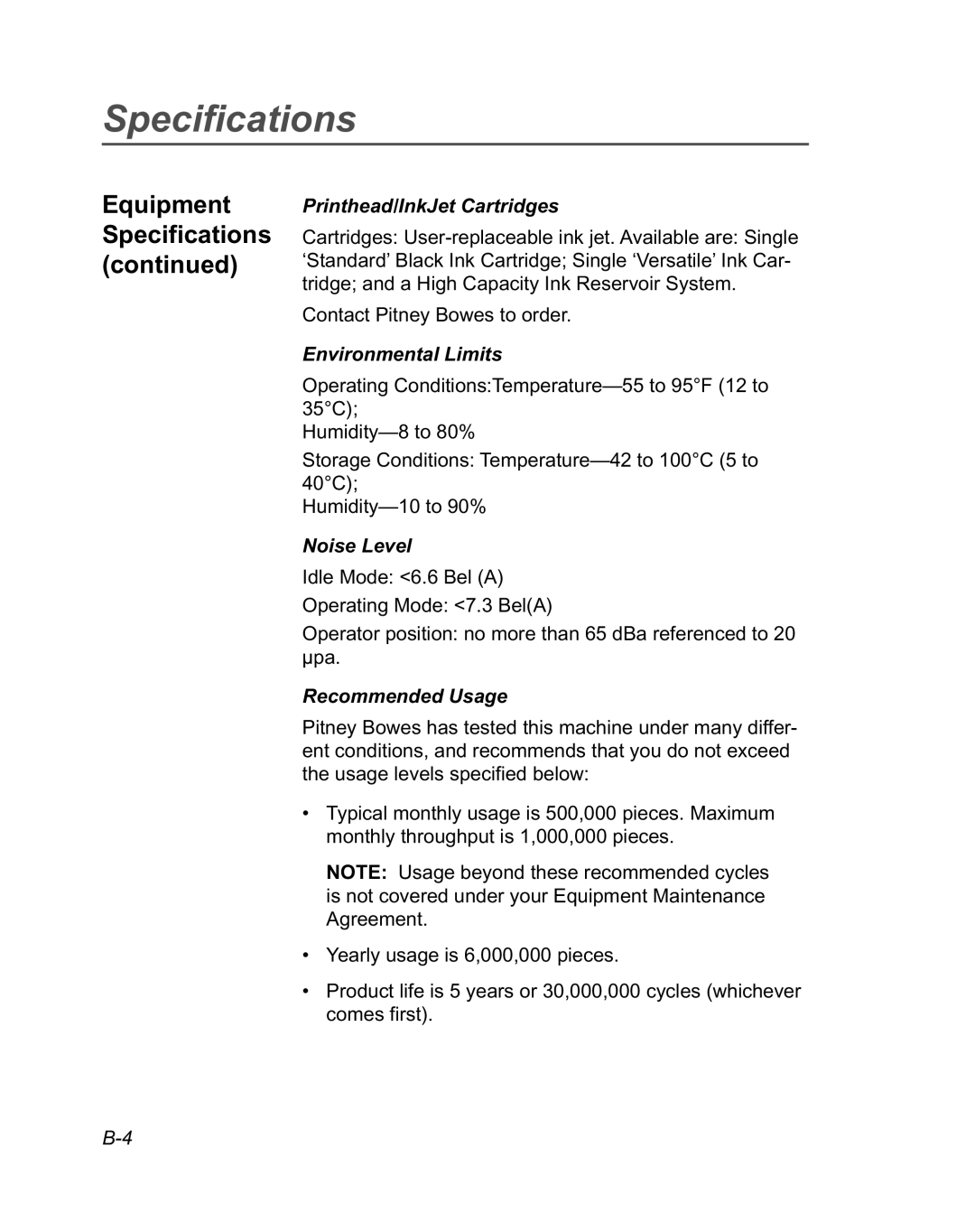 Pitney Bowes DA950 manual Printhead/InkJet Cartridges, Environmental Limits, Noise Level, Recommended Usage 