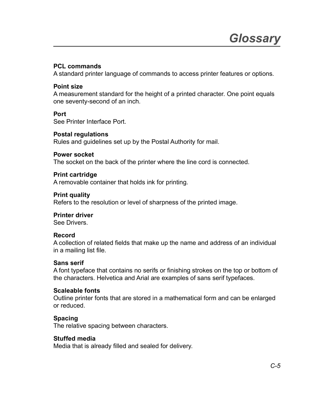 Pitney Bowes DA950 manual PCL commands, Point size, Port, Postal regulations, Power socket, Print cartridge, Printer driver 