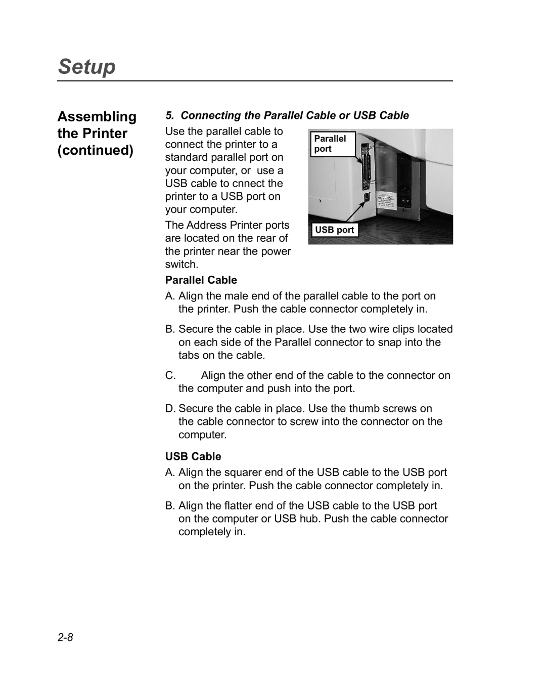 Pitney Bowes DA950 manual Assembling, Printer, Connecting the Parallel Cable or USB Cable 