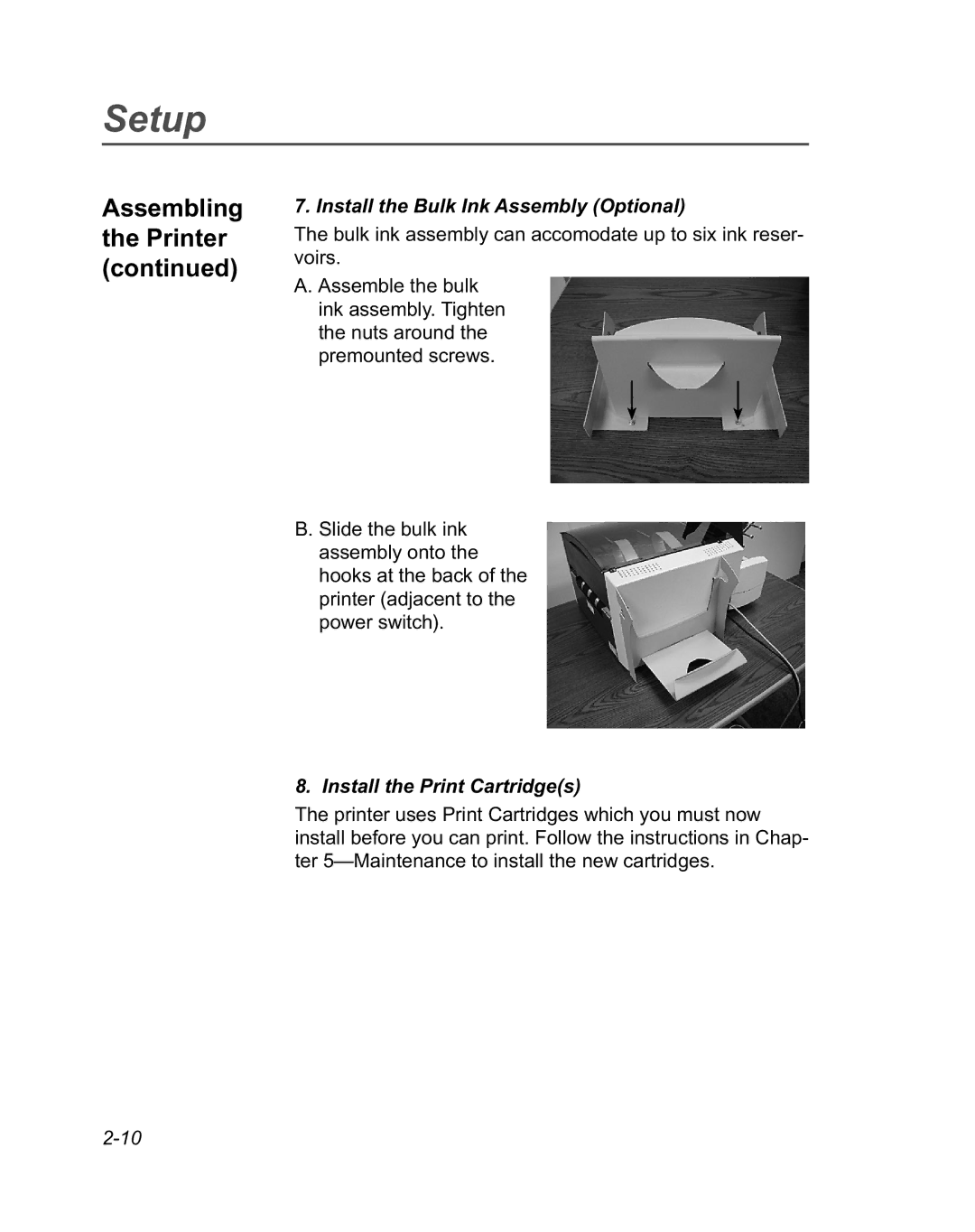 Pitney Bowes DA950 manual Install the Bulk Ink Assembly Optional, Install the Print Cartridges 