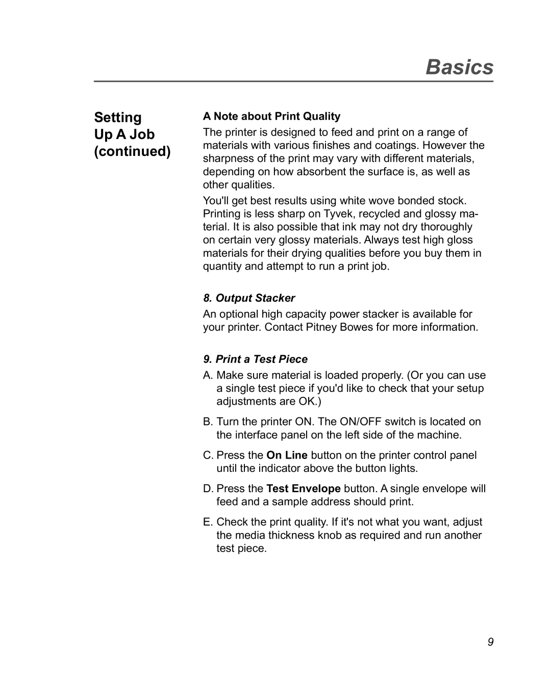 Pitney Bowes DA950 manual Output Stacker, Print a Test Piece 