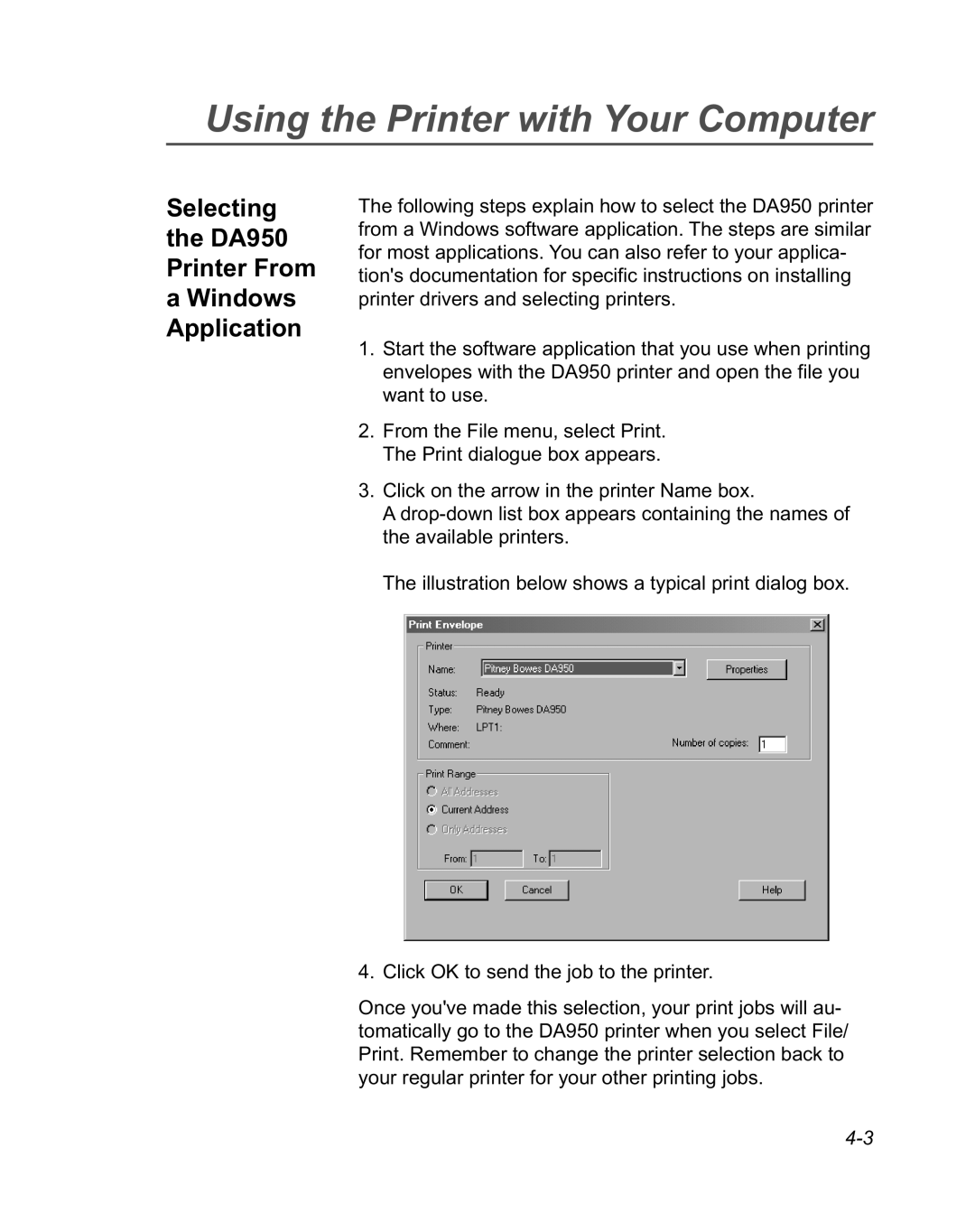 Pitney Bowes manual Selecting DA950 Printer From Windows Application 