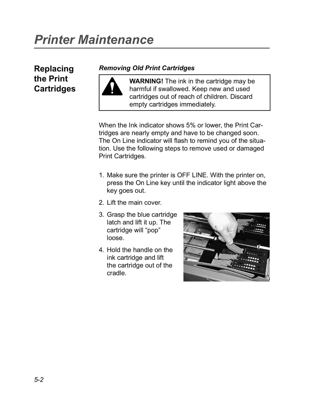 Pitney Bowes DA950 manual Printer Maintenance, Replacing Print Cartridges, Removing Old Print Cartridges 