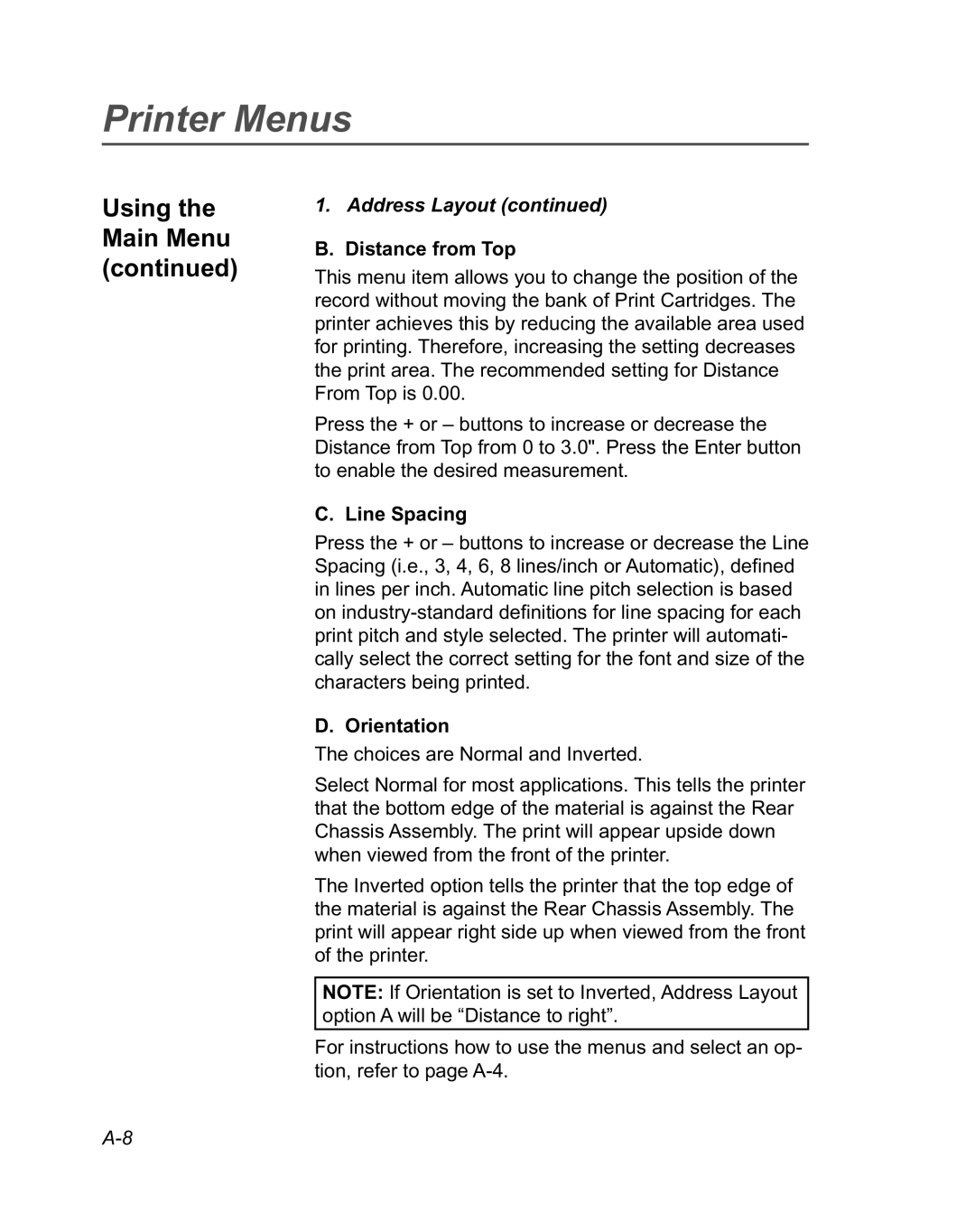 Pitney Bowes DA950 manual Distance from Top, Line Spacing 