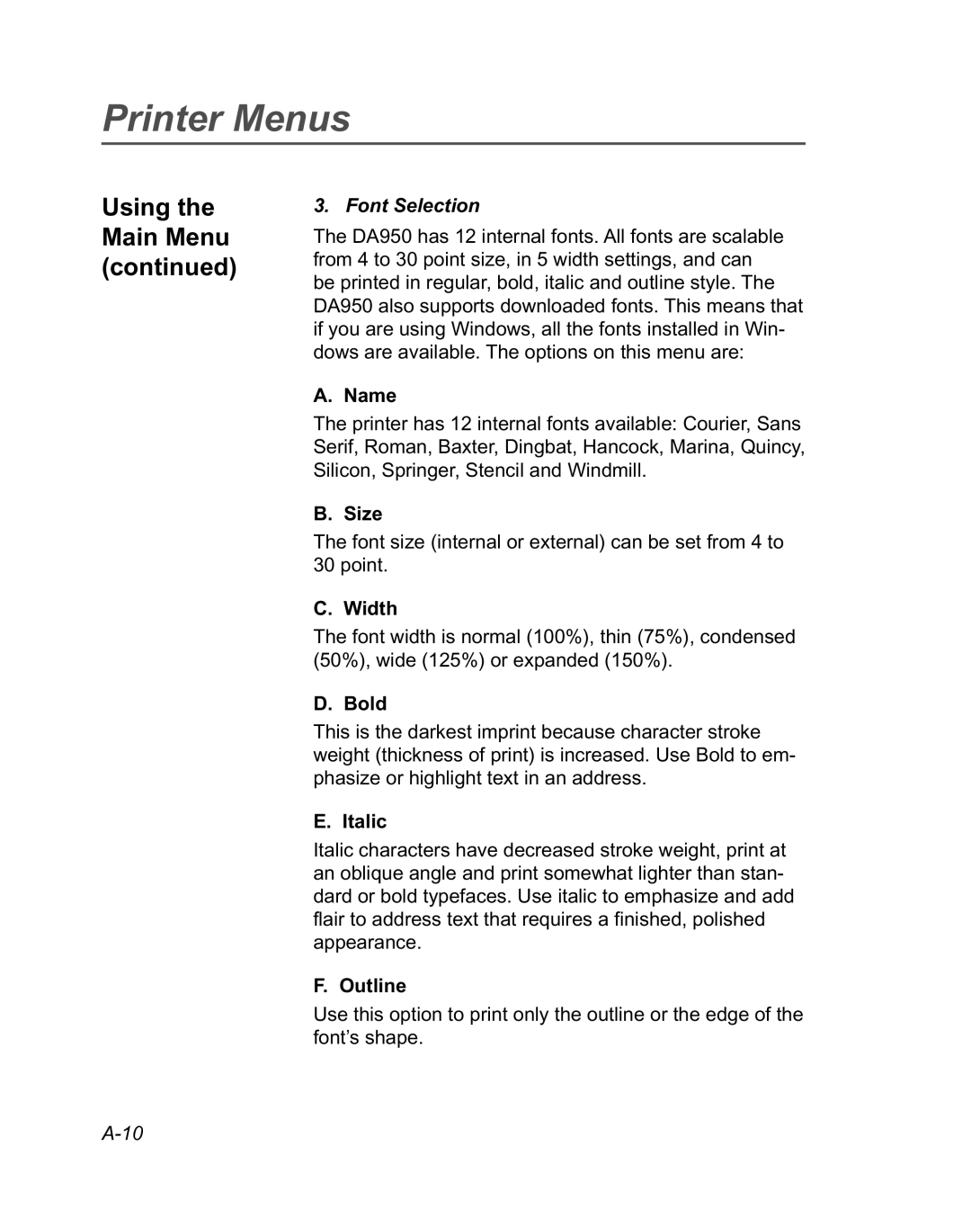 Pitney Bowes DA950 manual Font Selection 