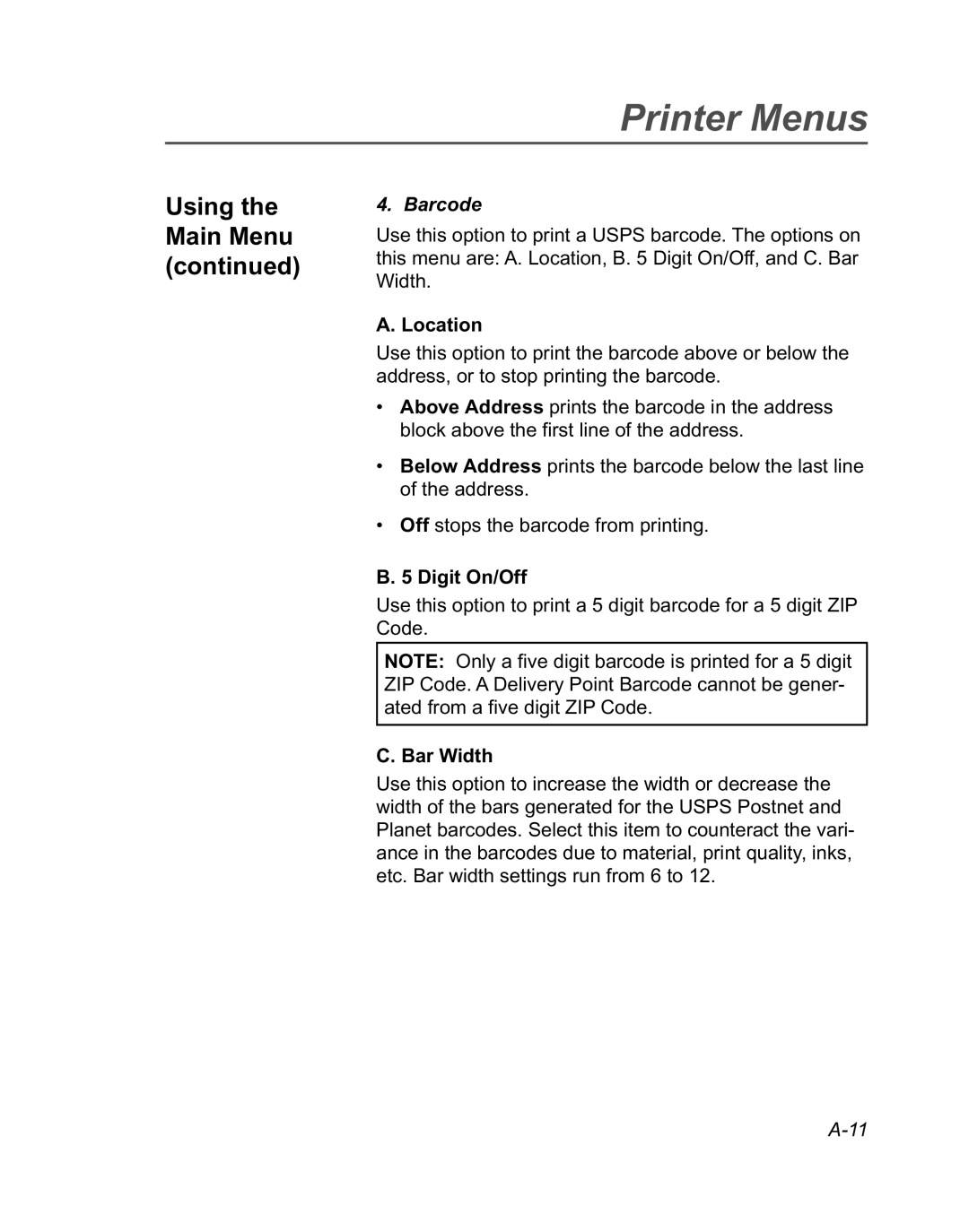 Pitney Bowes DA950 manual Barcode, Location, Digit On/Off, Bar Width 