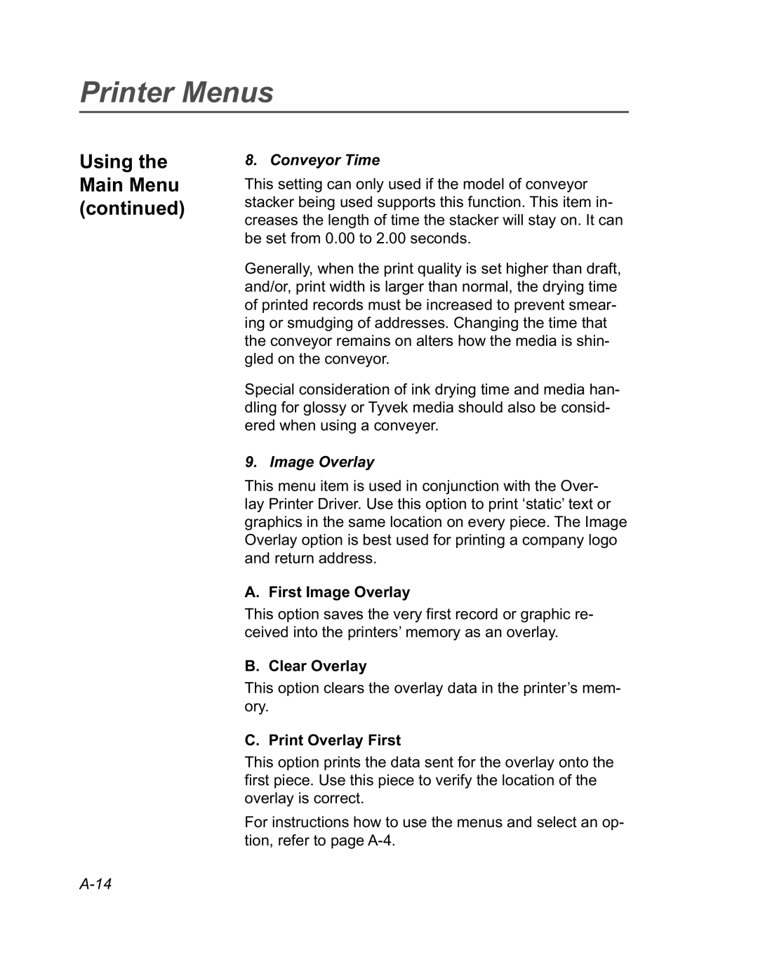 Pitney Bowes DA950 manual Conveyor Time, First Image Overlay, Clear Overlay, Print Overlay First 