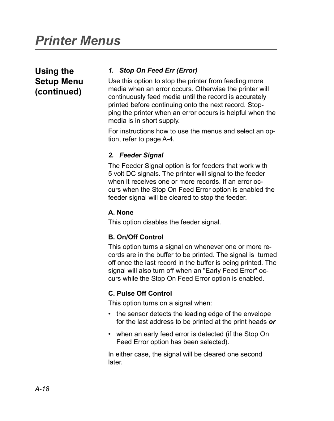 Pitney Bowes DA950 manual Using the Setup Menu, Stop On Feed Err Error, Feeder Signal 