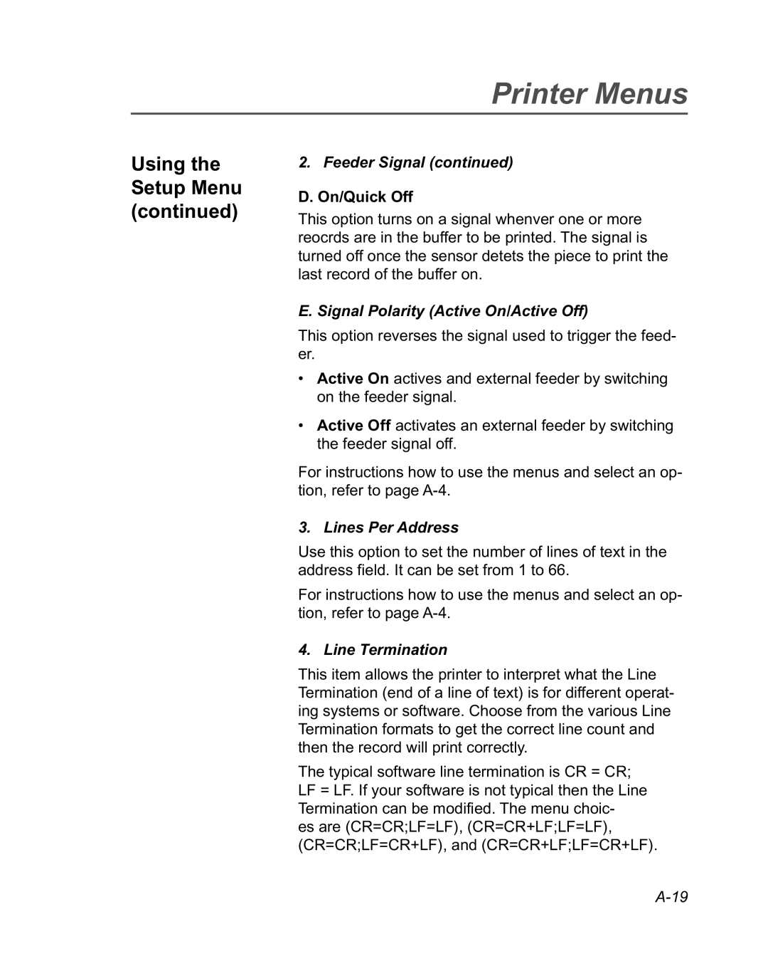 Pitney Bowes DA950 manual On/Quick Off, Signal Polarity Active On/Active Off, Lines Per Address, Line Termination 