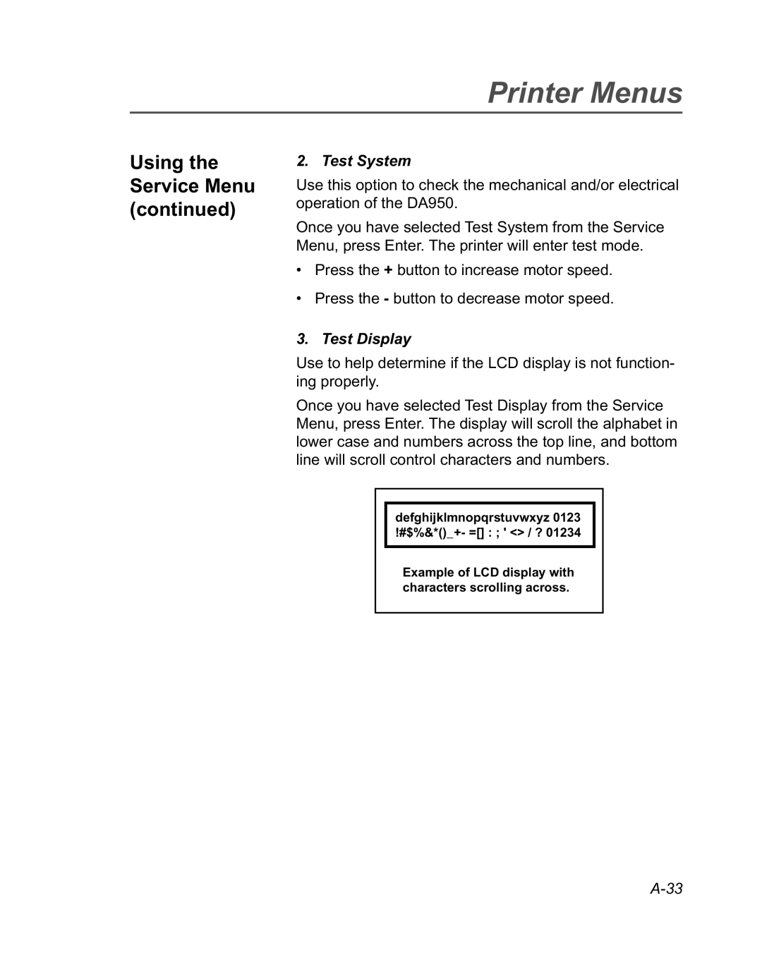 Pitney Bowes DA950 manual Test System, Test Display 