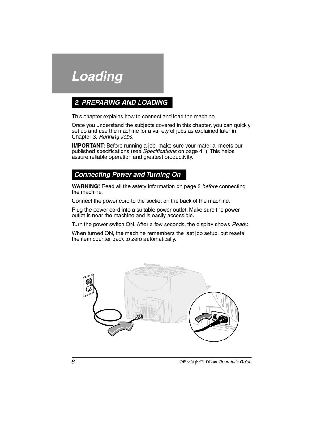 Pitney Bowes DI200 manual Loading, Connecting Power and Turning On 