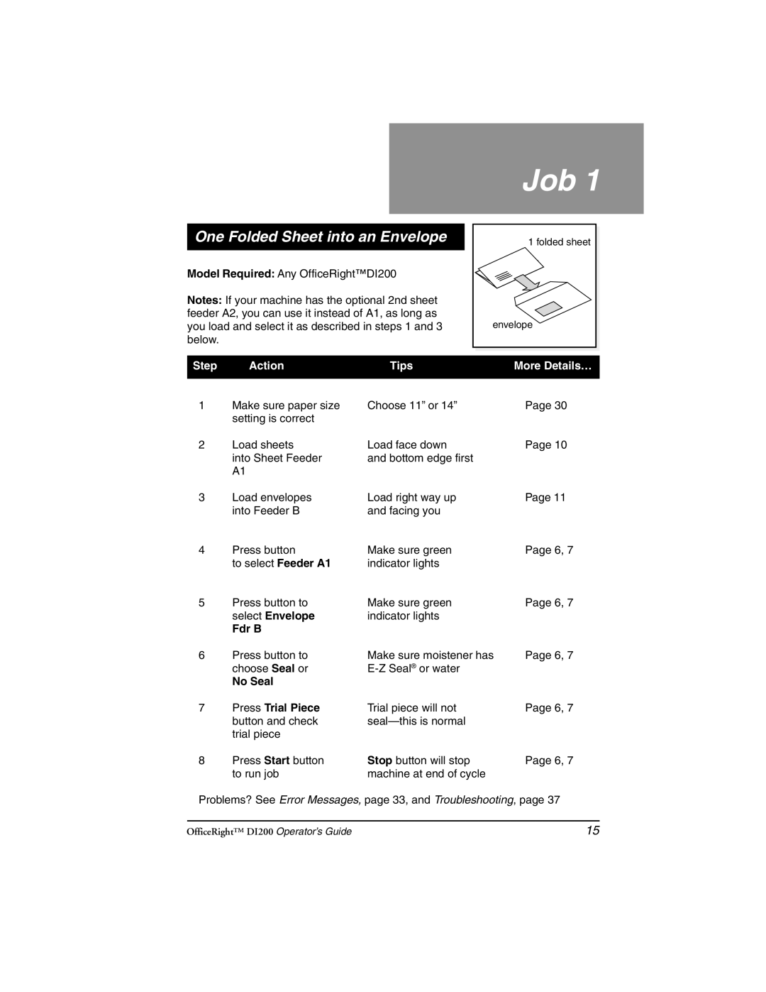 Pitney Bowes DI200 manual Job, One Folded Sheet into an Envelope 