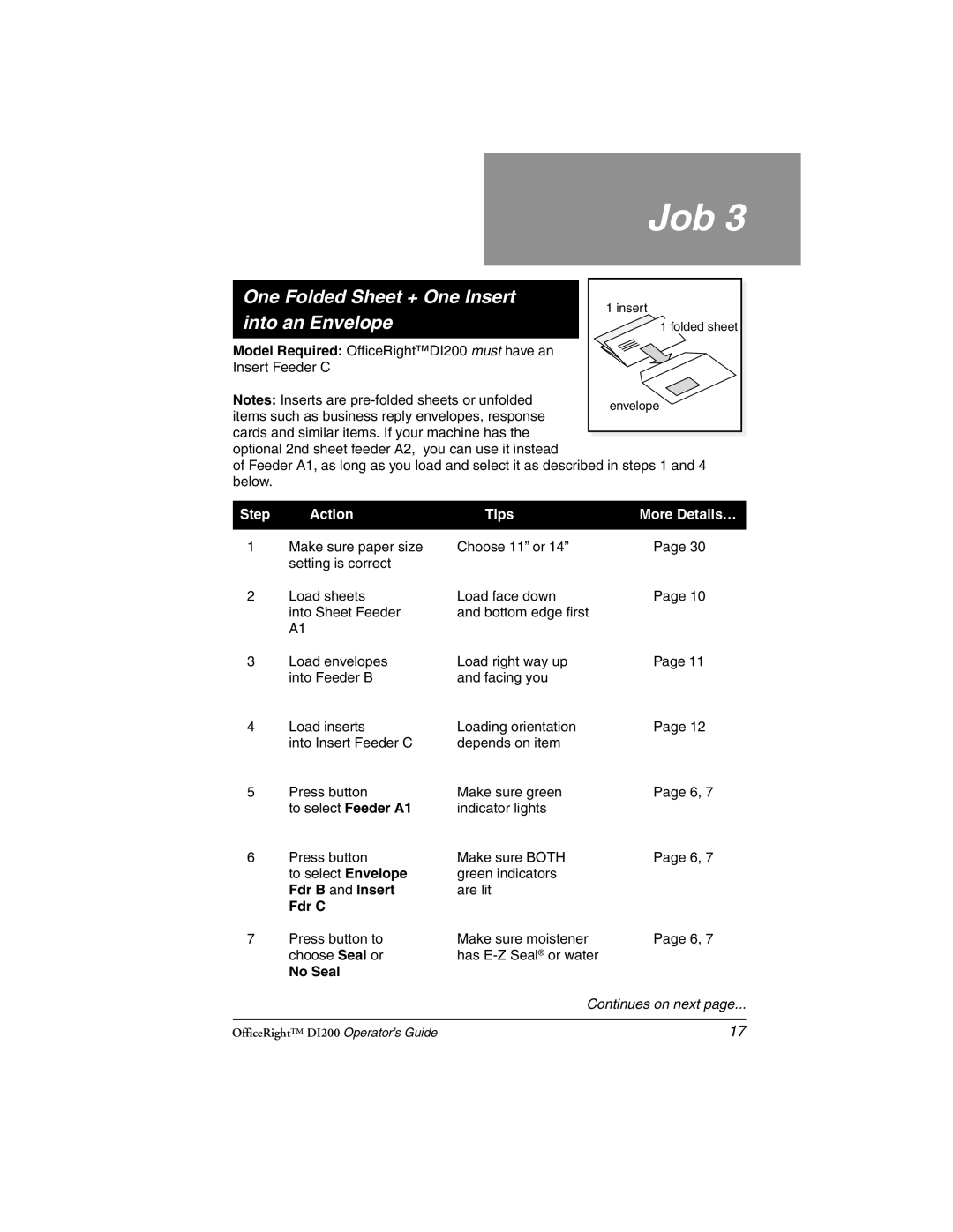 Pitney Bowes DI200 manual One Folded Sheet + One Insert, Into an Envelope 