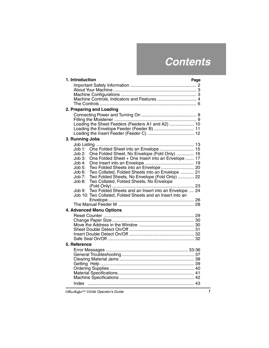 Pitney Bowes DI200 manual Contents 