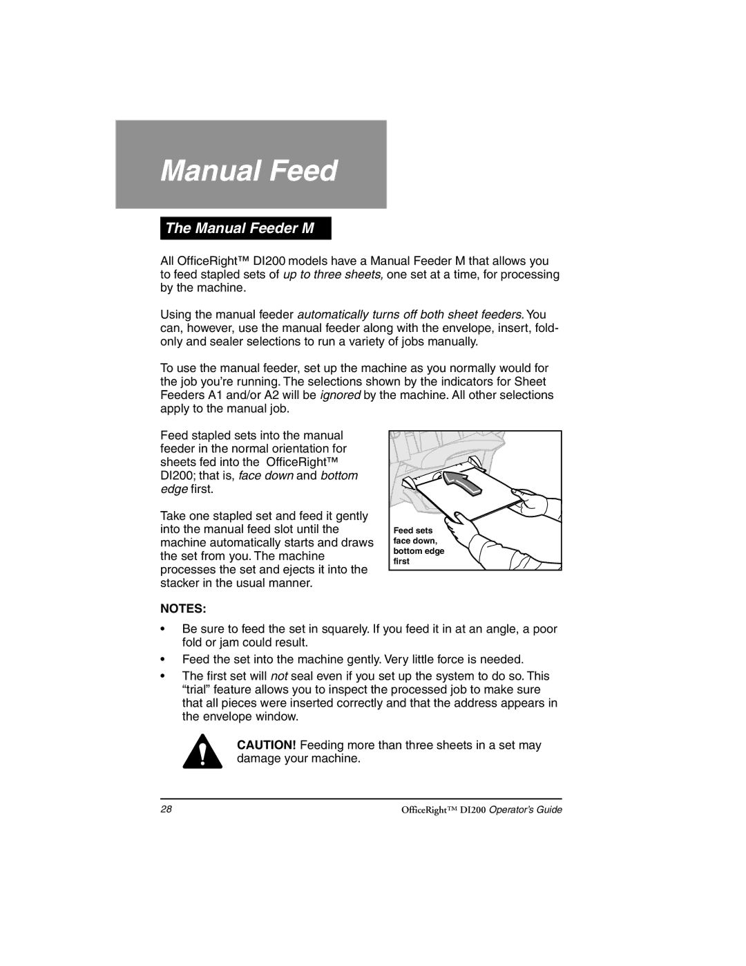 Pitney Bowes DI200 manual Manual Feeder M 