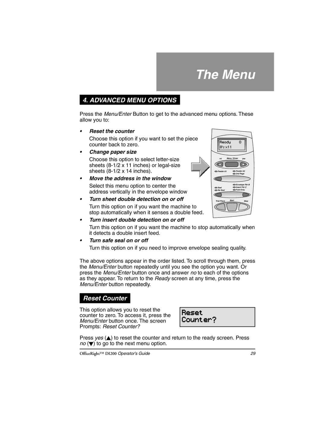 Pitney Bowes DI200 manual Menu, Reset Counter 