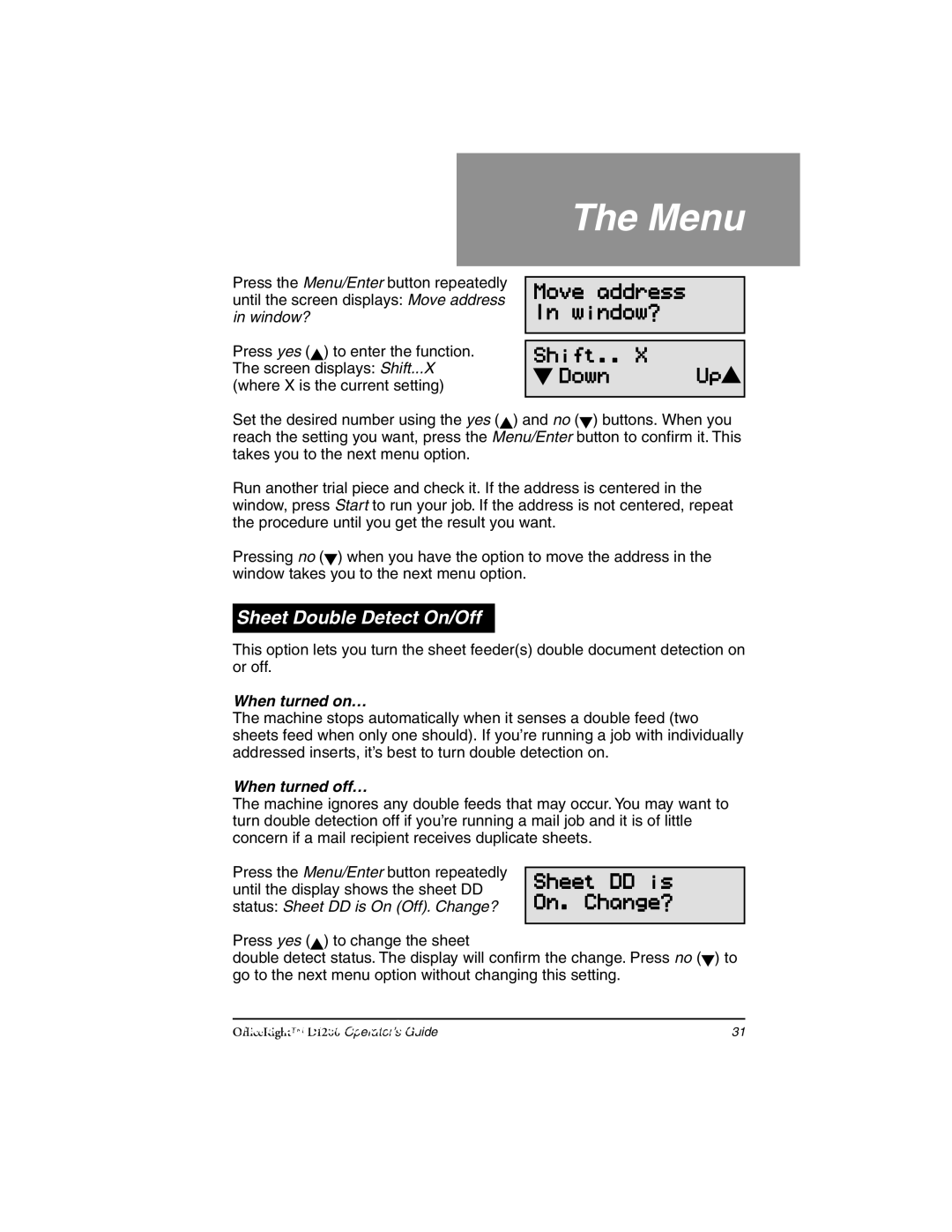 Pitney Bowes DI200 manual Sheet Double Detect On/Off, When turned on…, When turned off… 