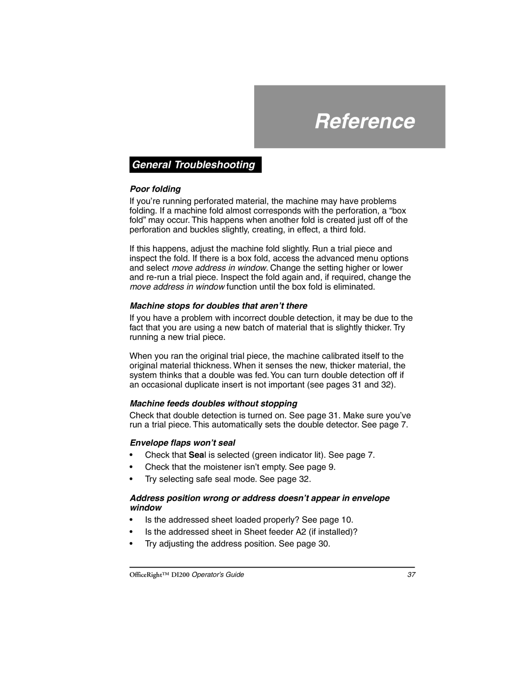 Pitney Bowes DI200 manual General Troubleshooting, Poor folding, Machine stops for doubles that aren’t there 