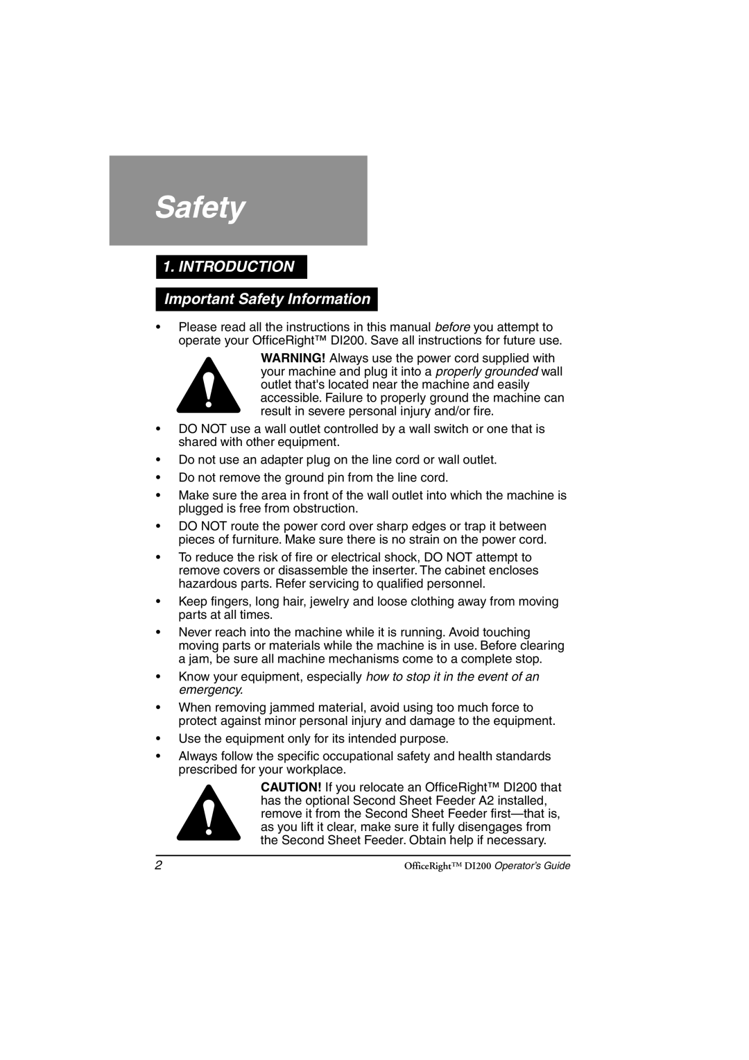 Pitney Bowes DI200 manual Important Safety Information 