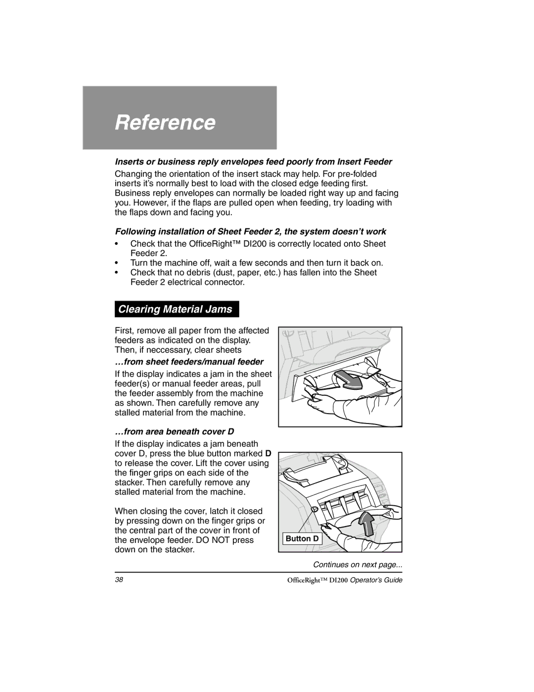 Pitney Bowes DI200 Clearing Material Jams, …from sheet feeders/manual feeder, …from area beneath cover D 