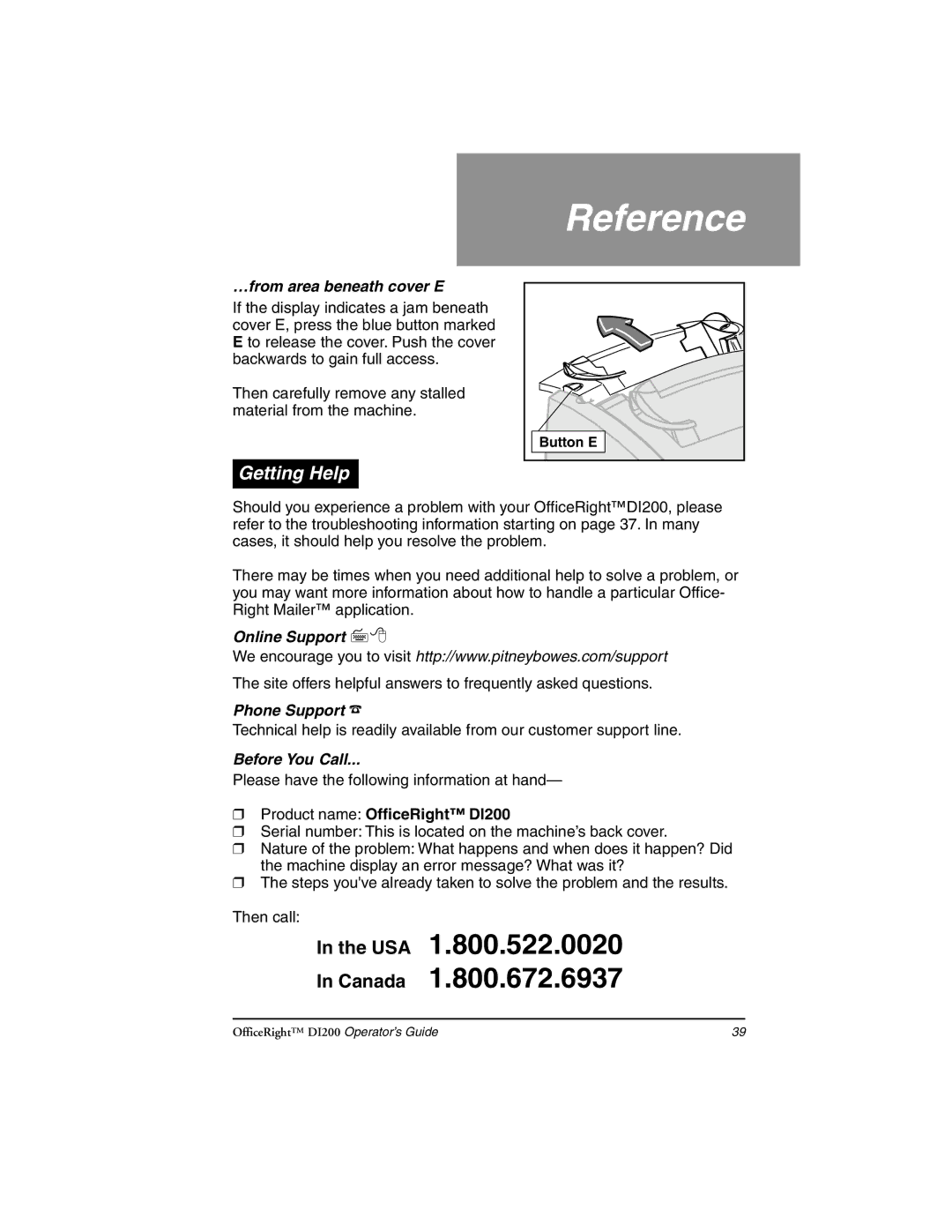 Pitney Bowes DI200 manual Getting Help, …from area beneath cover E, Online Support, Phone Support, Before You Call 