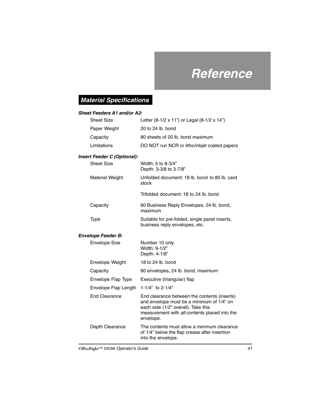 Pitney Bowes DI200 manual Material Specifications, Sheet Feeders A1 and/or A2 