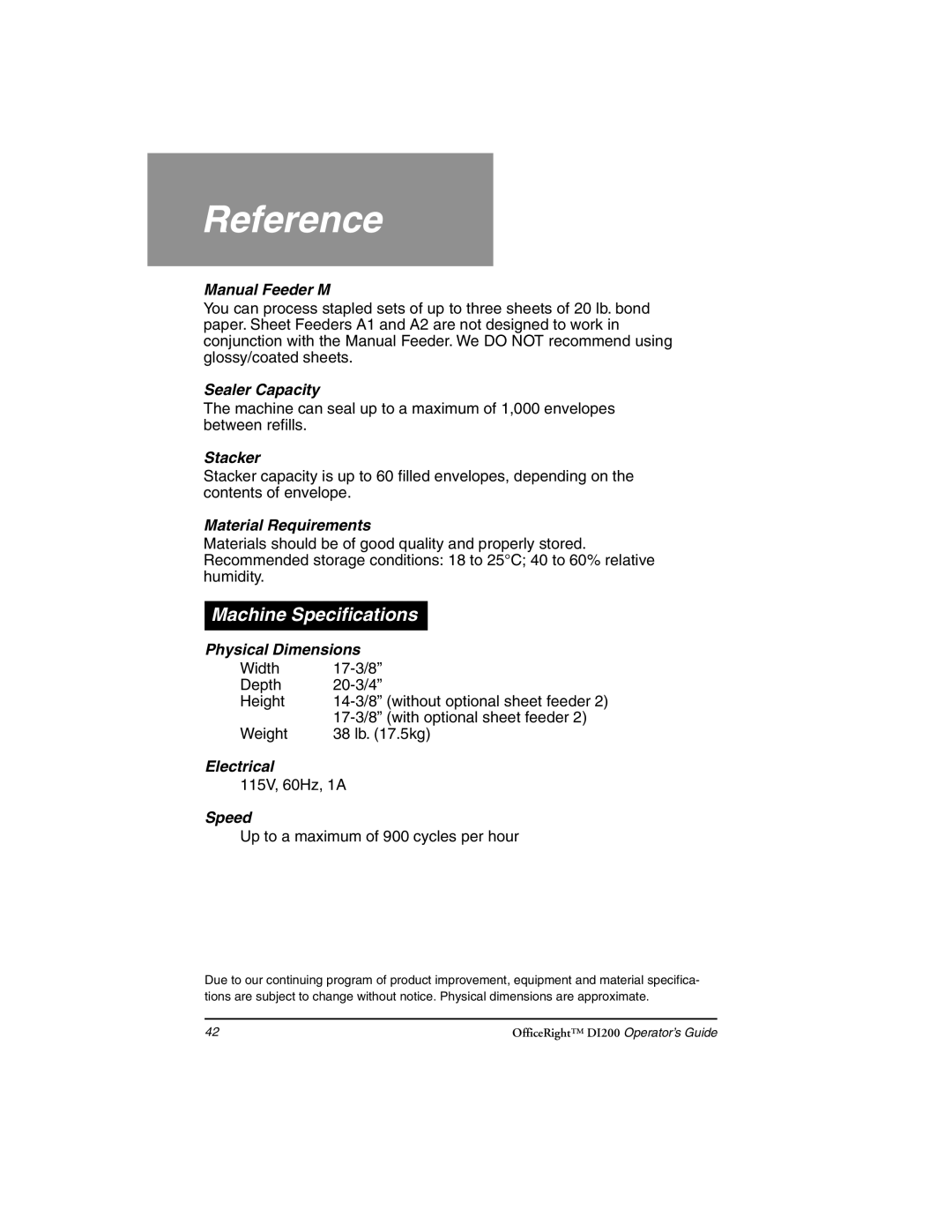 Pitney Bowes DI200 manual Machine Specifications 