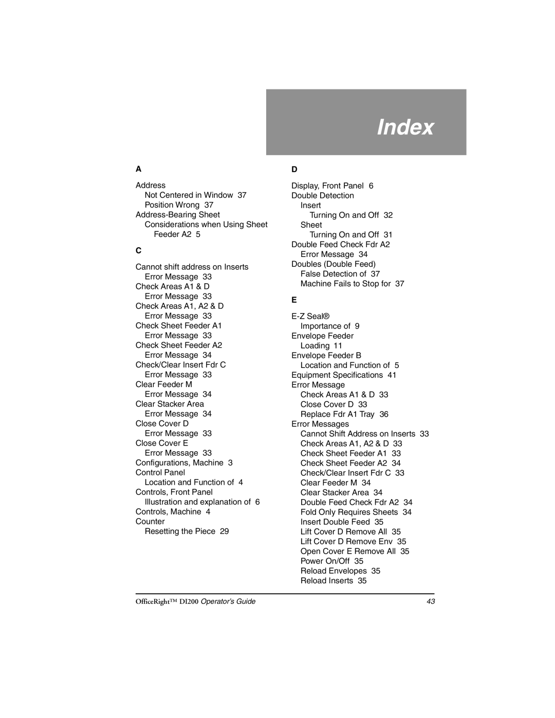 Pitney Bowes DI200 manual Index 