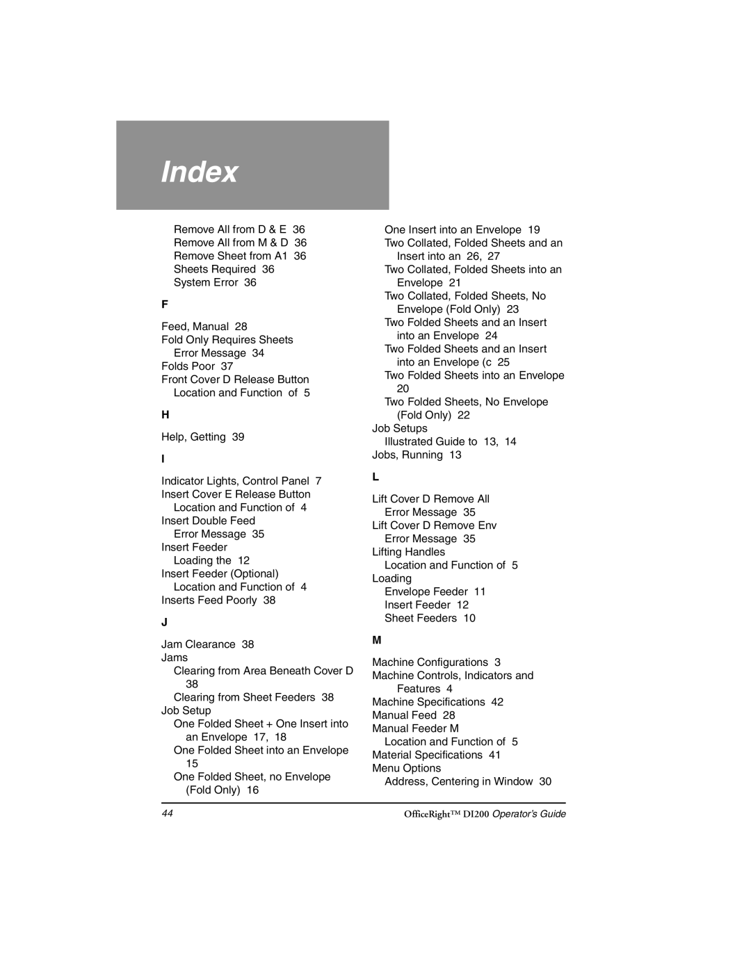 Pitney Bowes DI200 manual Index 