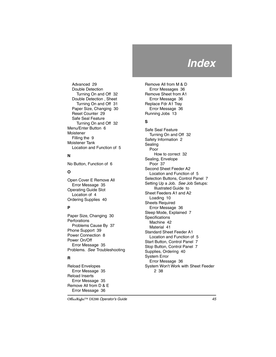 Pitney Bowes DI200 manual Index 