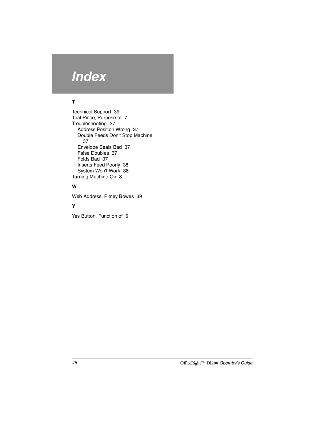 Pitney Bowes DI200 manual Index 