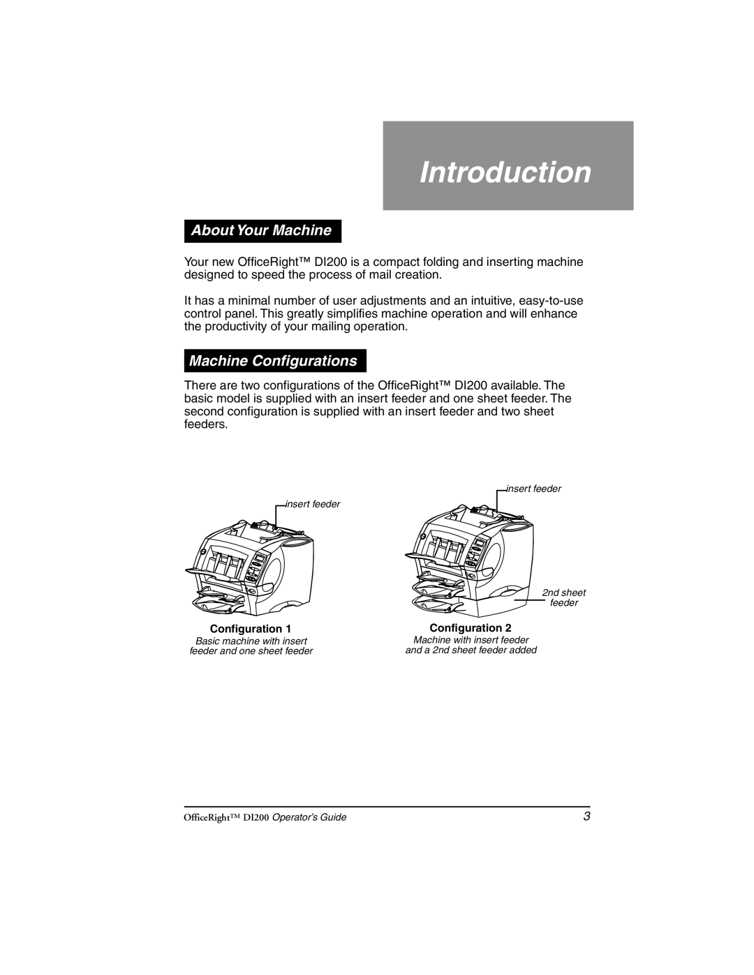 Pitney Bowes DI200 manual Introduction, About Your Machine, Machine Configurations 