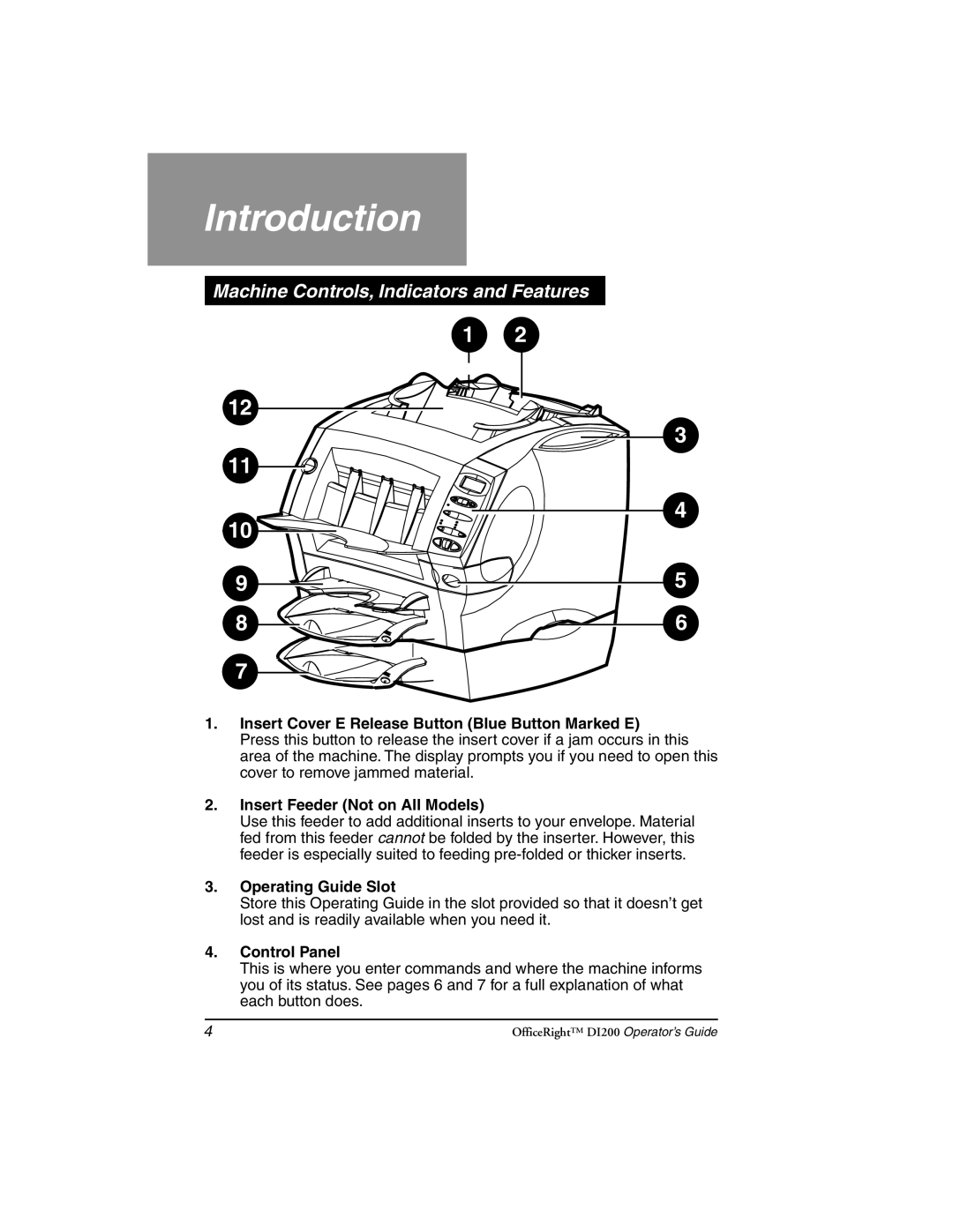 Pitney Bowes DI200 manual Machine Controls, Indicators and Features, Insert Cover E Release Button Blue Button Marked E 