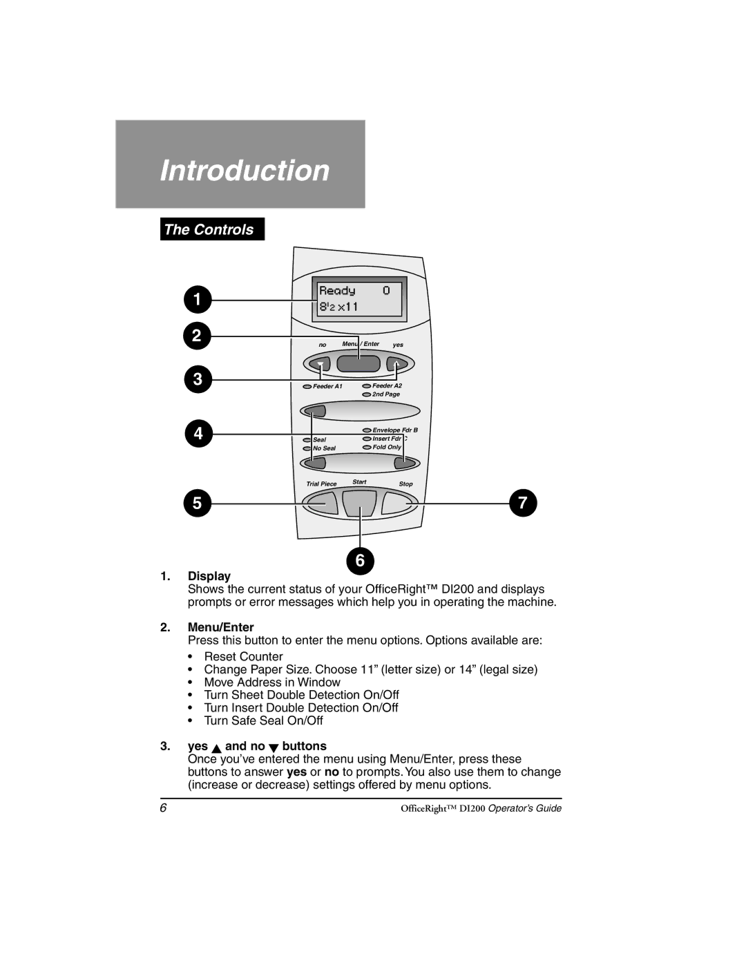 Pitney Bowes DI200 manual Controls, Display, Menu/Enter, Yes and no buttons 