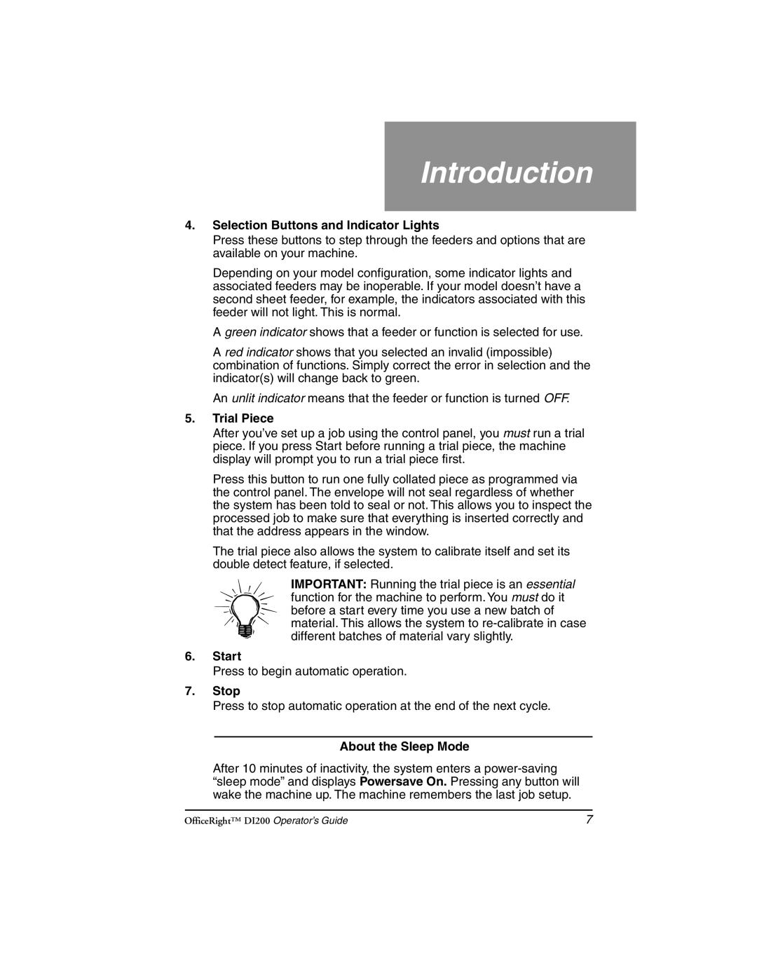 Pitney Bowes DI200 manual Selection Buttons and Indicator Lights, Trial Piece, Start, Stop, About the Sleep Mode 