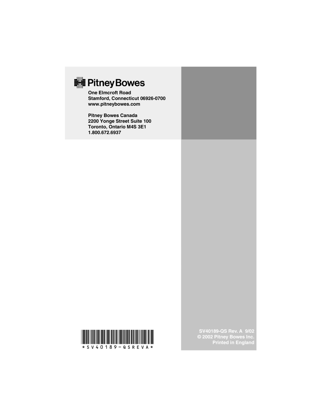 Pitney Bowes DI200 manual SV40189-QS Rev. a 9/02 