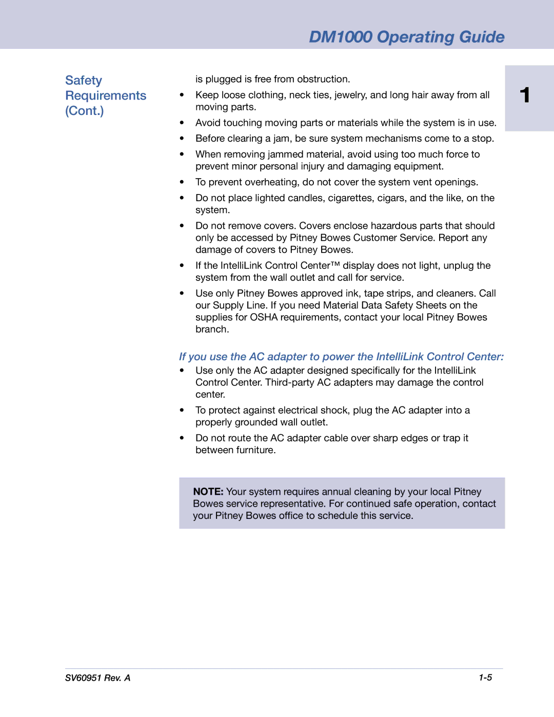 Pitney Bowes DM1000 manual Safety Requirements 