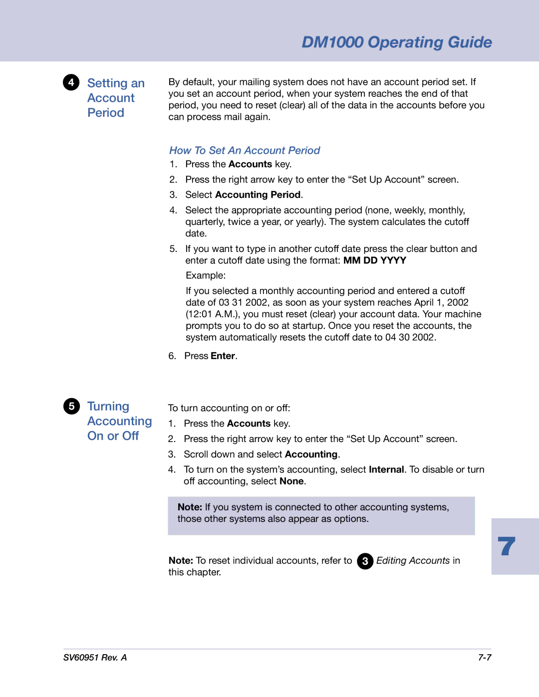 Pitney Bowes DM1000 manual Setting an Account Period Turning Accounting On or Off, How To Set An Account Period 