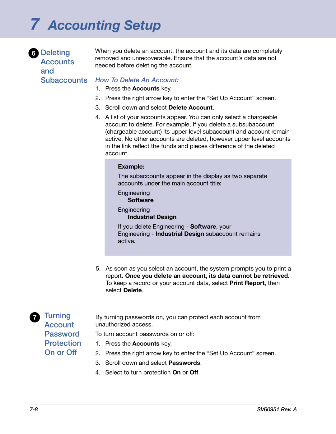 Pitney Bowes DM1000 manual How To Delete An Account, Example, Software, Industrial Design 